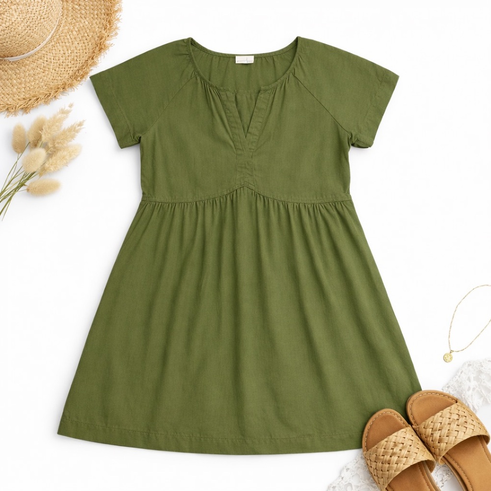 Universal Thread Olive Linen Blend Babydoll Dress Size L Boho Cottagecore